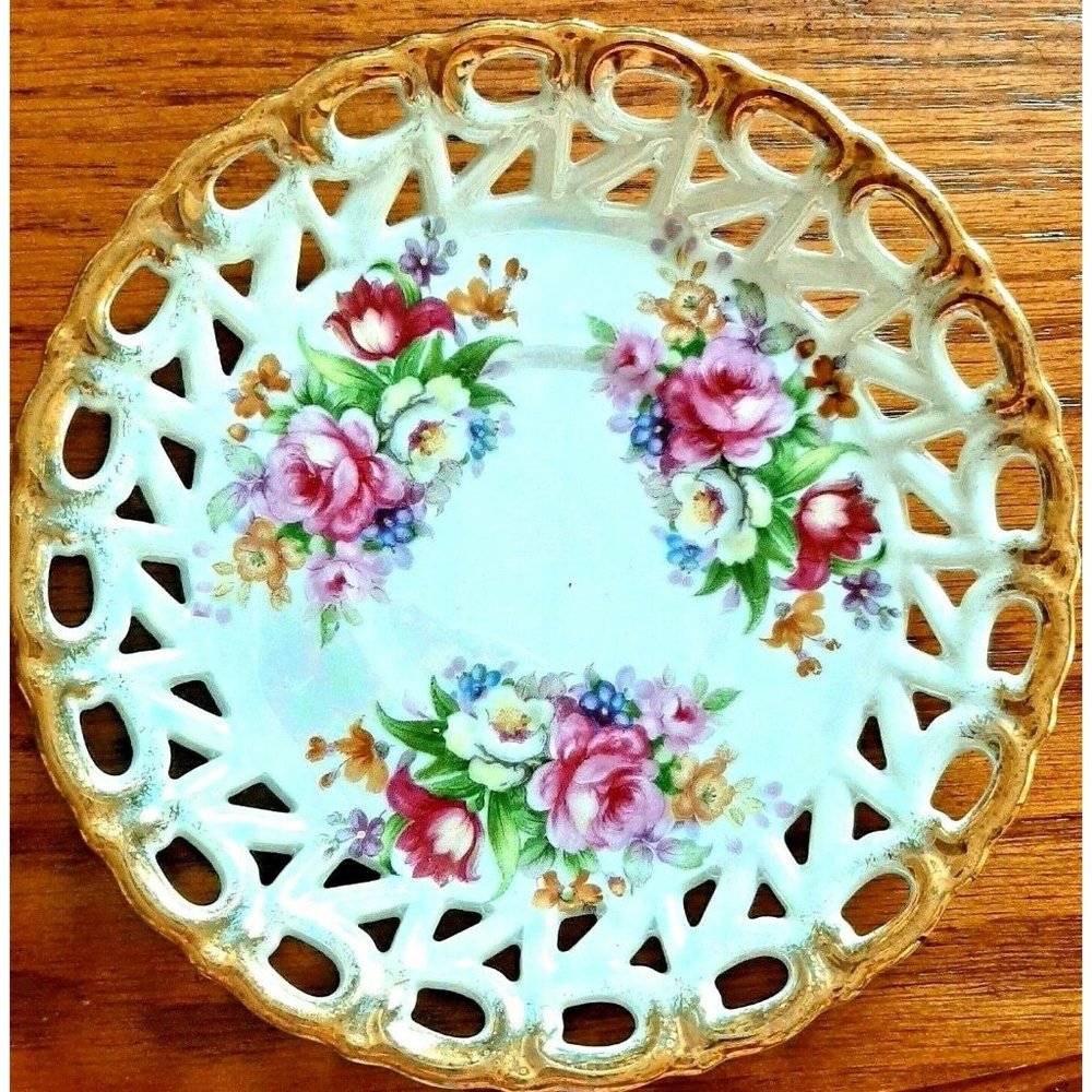 Bone China Plate Saucer Reticulated Gold Edge Japan Cottage Core Chic